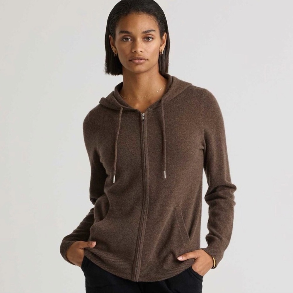 NWT Quince Mongolian Cashmere Full-Zip Hoodie in Brown, Size Small